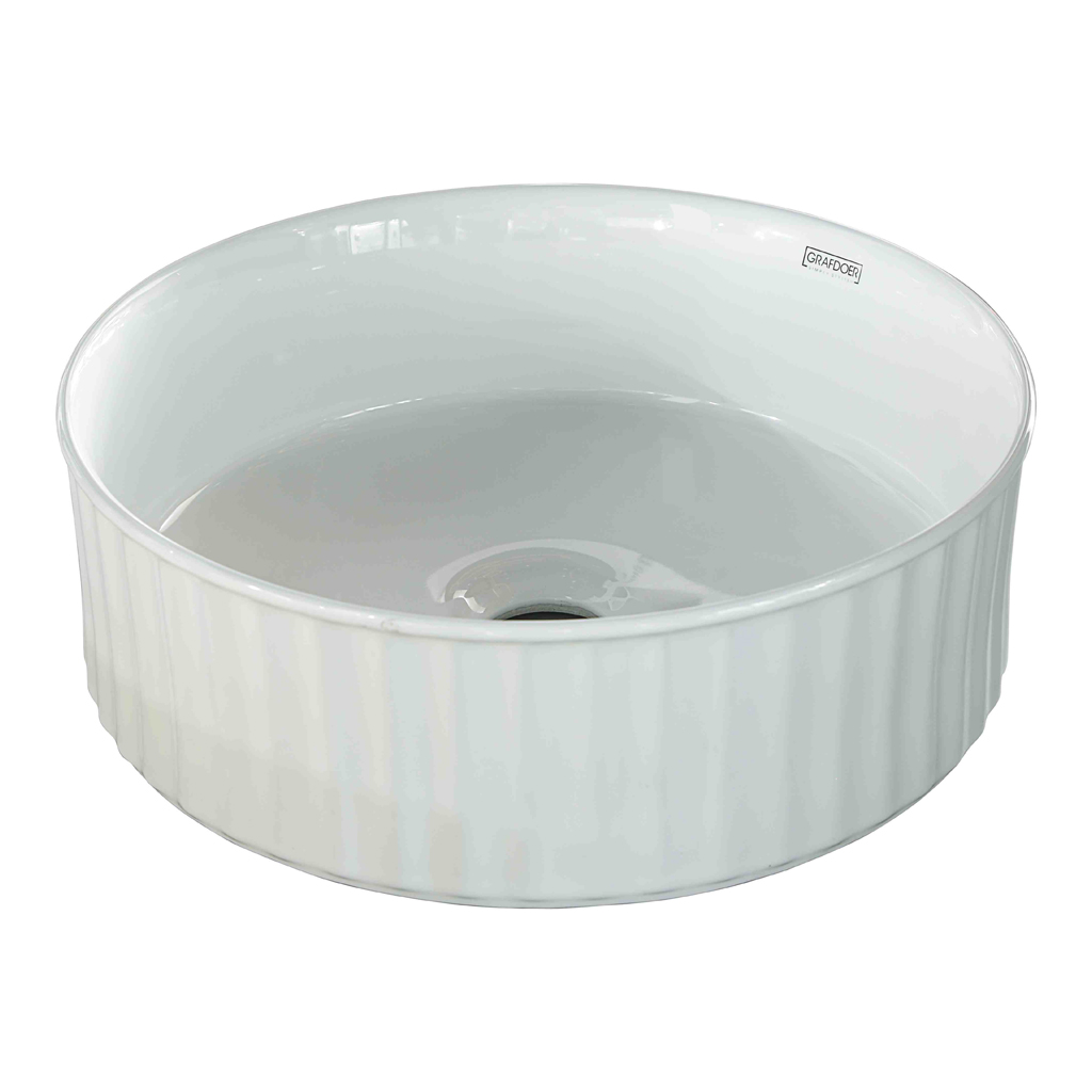 GA 1497 White Counter Top Wash Basin installed in modern bathroom, showing sleek design and easy-to-clean surface.