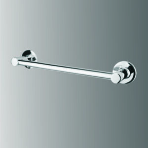 Classic 18-inch bathroom towel rod mounted on wall, holding neatly folded towels.