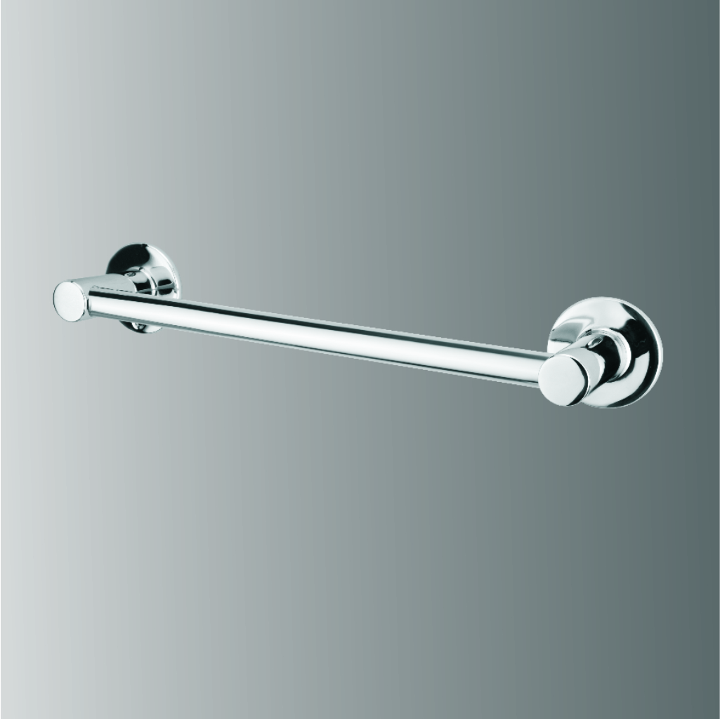 Classic 18-inch bathroom towel rod mounted on wall, holding neatly folded towels.