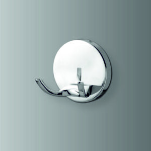 Classic bathroom robe hook mounted on wall, holding a robe.
