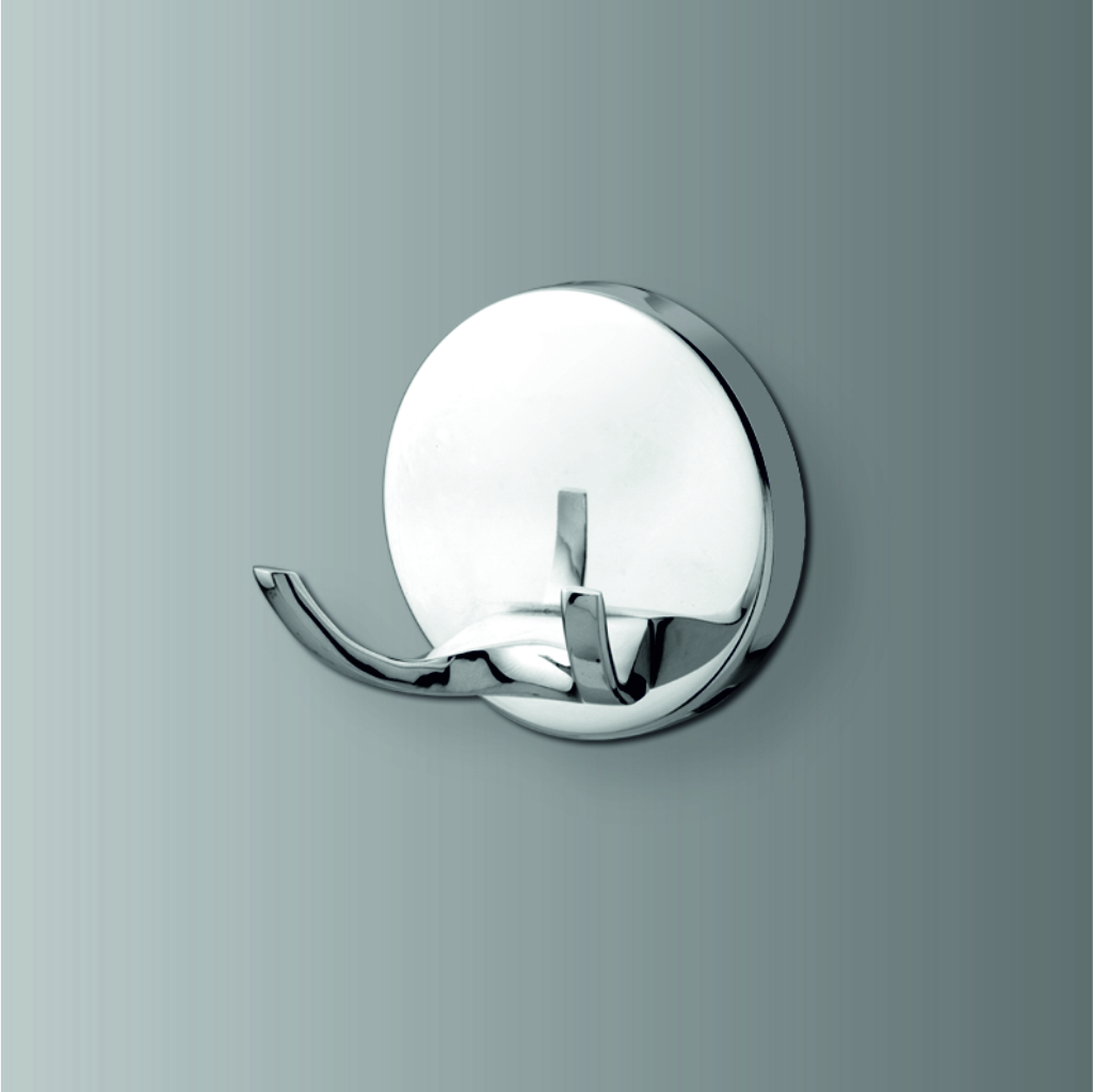 Classic bathroom robe hook mounted on wall, holding a robe.