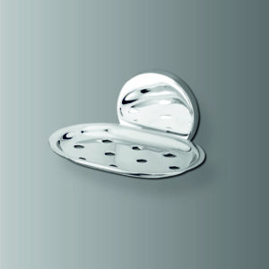 Classic wall mounted soap dish holder in modern bathroom, holding a bar of soap.
