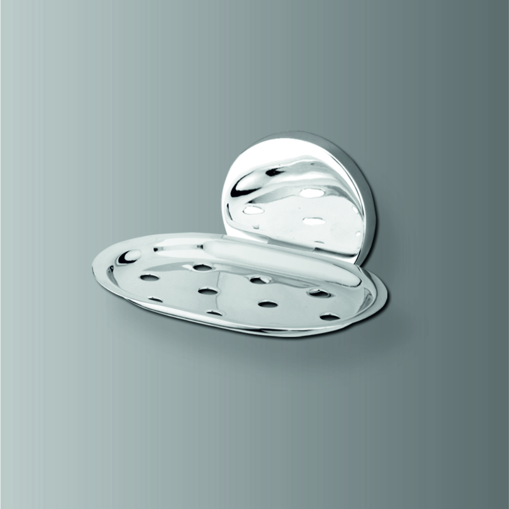 Classic wall mounted soap dish holder in modern bathroom, holding a bar of soap.