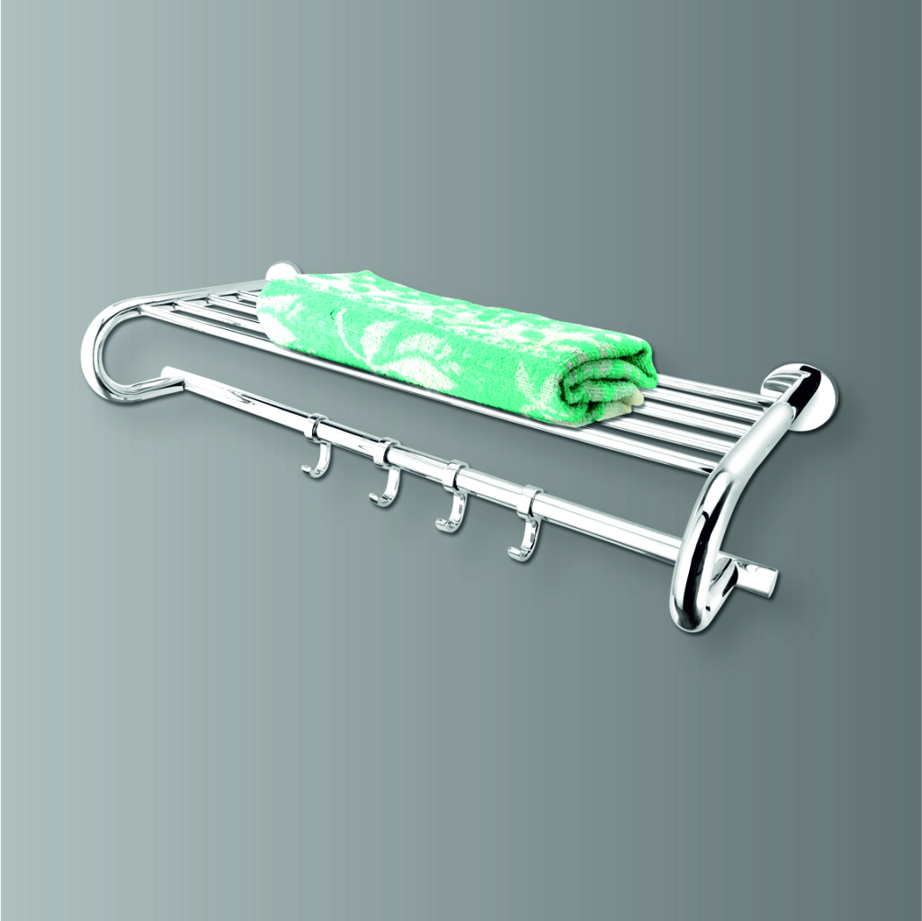 Classic bathroom wall towel rack mounted on wall, holding neatly folded towels.