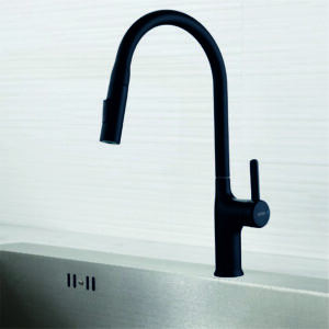 Black wall mount kitchen faucet KF-7168 installed above kitchen sink