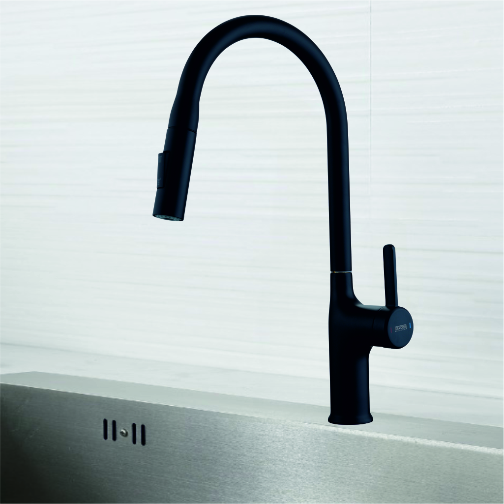 Black wall mount kitchen faucet KF-7168 installed above kitchen sink