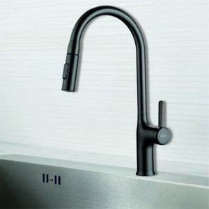 Black kitchen faucet KF-7168 G.M. installed on modern kitchen sink