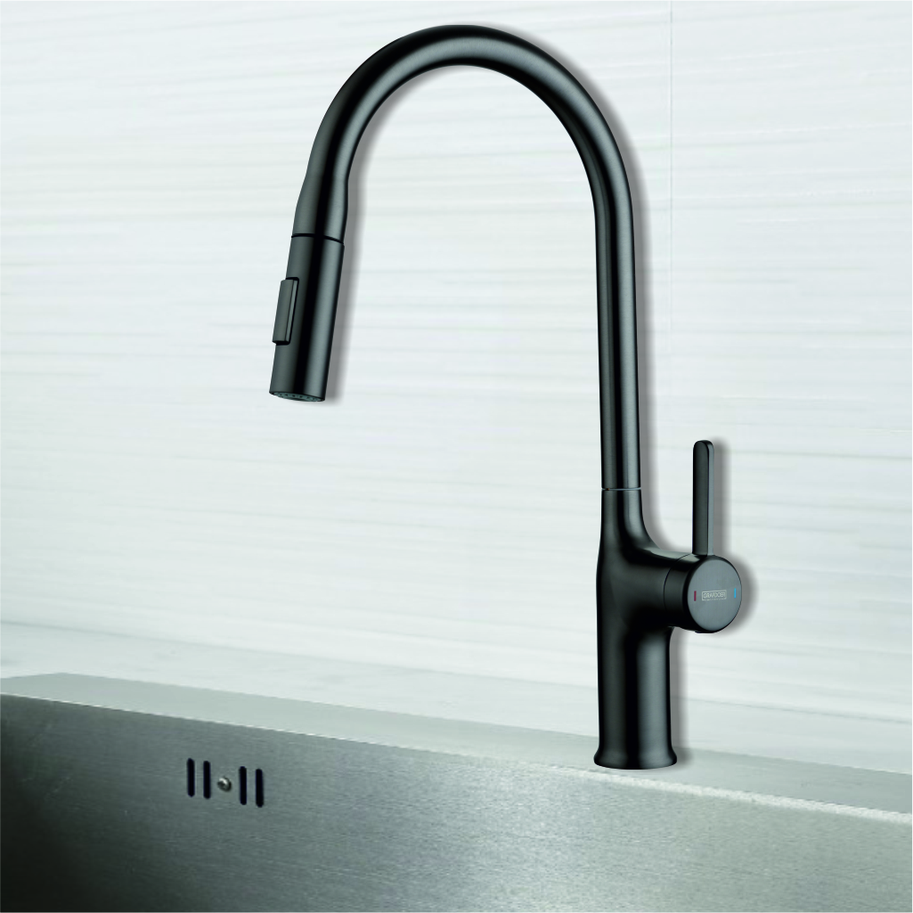 Black kitchen faucet KF-7168 G.M. installed on modern kitchen sink
