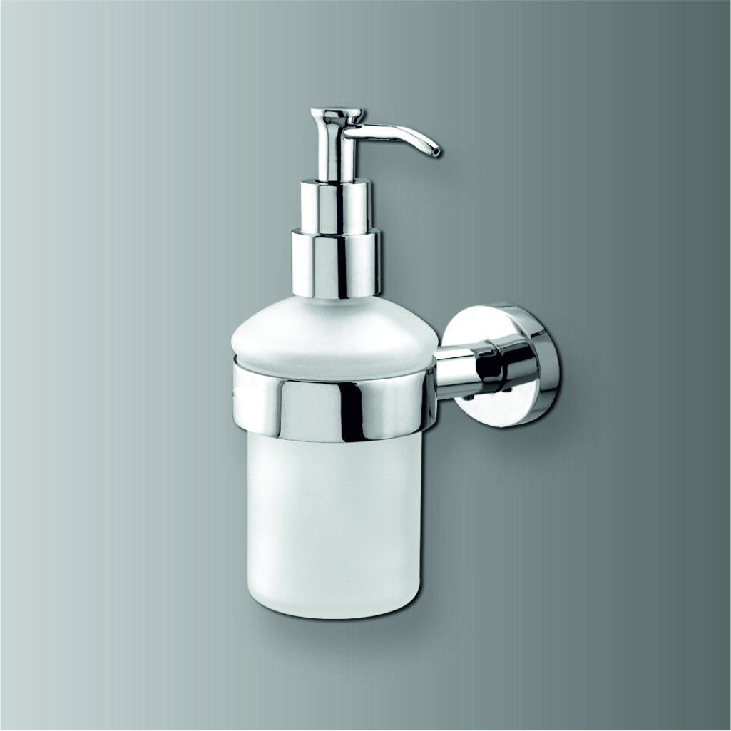 Modern wall-mounted soap dispenser with brushed metal finish dispensing soap into cupped hands in contemporary bathroom setting